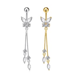 Butterfly-bow Dangled Navel Ring Piercing 14G Flower Heart Crystal CZs Belly Button Ring for Women Stainless Steel Belly Jewelry