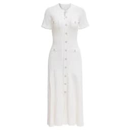 Summer Solid Round Neck Short Sleeved Office Lady Knitted Dress Women Korean Single Breasted Hollow Out Long Dress Fashion Trend
