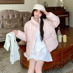 Sweet Pink Bow Stand Collar Puffer Jacket Women Korean Lace Spliced Thick Outerwear Students Winter Warm Cropped Cotton Jackets