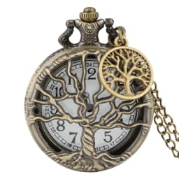 Hollow Out Life Tree Pattern Bronze Pocket Watch with Necklace Chain Arabic Numerals White Dial Vintage Style Pendant Watch Gift