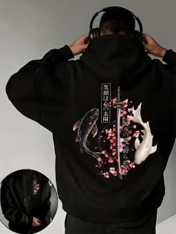 Black & White Koi Cherry Blossom Sabre Print Men Basics Hoodie Fleece Soft All-Match Tops Casual Colour Pullover Comfy Clothes