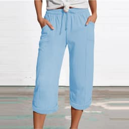 Women 3/4 Muslin Trouser Lightweight Linen Pants With Pockets Causal Loose Capri Trousers Elastic Comfortable Fabric Bottom