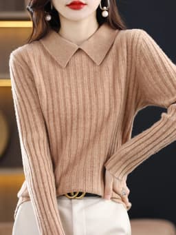 Autumn Winter New Woman 100% Wool Sweater Soft Polo Collar Vertical Stripe Pullover Casual Knitted Tops Cashmere Female Sweater