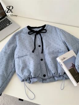 SINGREINY Polka Dot Cotton-Padded Short Jacket Korean Lace Up Drawstring Pocket 2026 Winter Ladies Preppy Style Warm Thick Coat