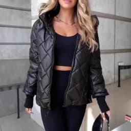Matching Set Hooded Diamond Quilted Cotton Coat Winter Warm Jacket Tops