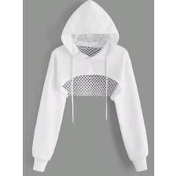 Street Sport Drop Shoulder Drawstring Hollow Out Super Crop Sports Hoodie Without Cami Top