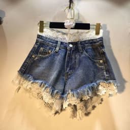 2026 Summer New Splicing Hook Lace High Waist Burr Denim Shorts Hot Pants Women