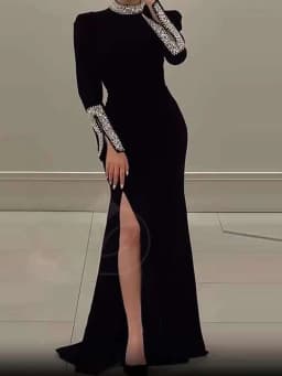 Elegant Solid High Slit Party Dress Temperament Long Sleeve Slim Evening Gala Dress Turtleneck Rhinestone Banquet Dress Women