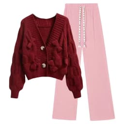 Two Piece Set For Women New In Sweater Matching Sets Korean Sweet Bow Outfit Long Sleeve Cardigan Knitwear Wide Leg Pants Set