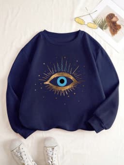 Casual Womens Sweatshirt Vintage Devil's Eye Prints Pullover Soft Breathable Loose Crewneck Hoodie Autumn Winter Female Clothing