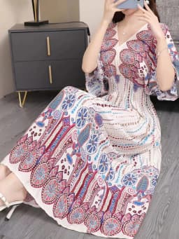 n Long Print Dr V-Ne Slimming Cotton Silk Beachwear Casual High Waist Summer Women's Loose Fit Overhead Dr