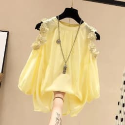 Orange Flower Three-dimensional Decoration Raglan Sleeve O-Neck Pullover Women's Blouse Shirt Female Clothing Tops Fashion 2024
