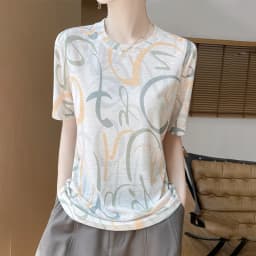 Summer New Women's Round Neck Printed Knitted Short-Sleeved Thin T-shirt Loose Bottoming Shirt