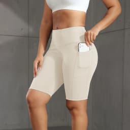 CHRLEISURE Women Solid Yoga Shorts with 3 Pockets High Waist Butt Lifting Workout Tights Gym Elastic Cycling Shorts Activewear