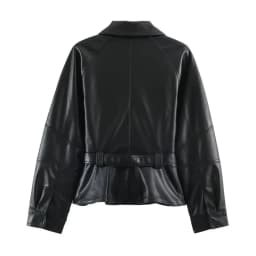 Women Leather Effect Jacket with Belt Lapel Collar Zip Up Long Sleeve Slim Fit Elegant Coat Autumn Winter Outerwear Fashion