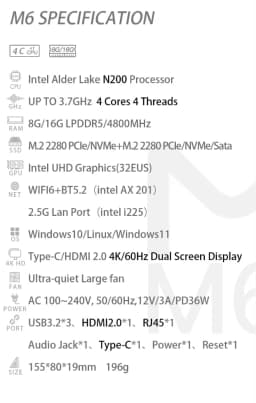 Morefine M6 Intel N100/N200 MINI PC LPDDR5 16GB 2*M.2 SSD Windows 11 Pro WIFI6 BT5.2 2.5G Lan Desk Office MINI PC Gamer Computer