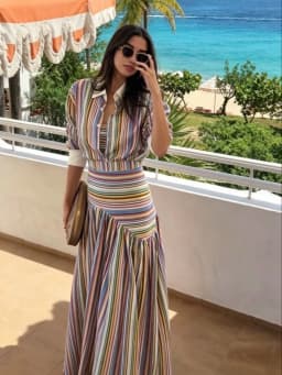 Multicolor Striped Shirt 2 Picec Set Button Front Blouse High Waist Flared Hem Maxi Skirt 2026 Summer Elegant Lady Vacation Suit