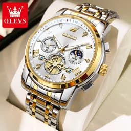 OLEVS 2856 Quartz Watch for Men Flywheel Skeleton Chronograph Moon Phase Multifunctional Stainless Steel Men's Wristwatches