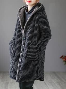 Women's Fleece Lined Thickened Long Cotton Jacket Loose Striped Hooded Coat Korean Style Winter Outerwear Casual Coat