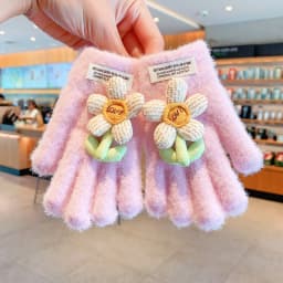 Kids Lace Bow Plush Full Finger Gloves For Girls Cute Flower Bud Decor Girls Winter Warm Windproof Faux Mink Fur Kawaii Gloves