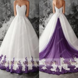 White Tulle Blue Lace Applique Strapless Floor Length Lace-Up Back Wedding Formal Prom Dresses Bridal Gown Customized Made W19-5
