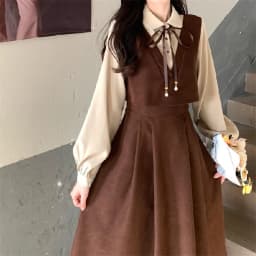 Spring Autumn Winter plus Size College Style Shirt Patchwork Hepburn Retro Dress Student a Line Skirt Long Sleeve High Waist