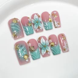 10Pcs 3D Green Flower Handmade Press on Nails French Fake Nails Wearable Stick-on Nails False Nail Uñas Накладные Ногти 네일팁