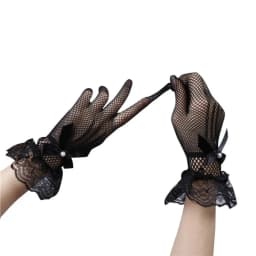 New 1pair Bride Stretchy Fishnet Lace Gloves Five-finger Hollowout Gloves with Lace Bow Tie Pearls Lolita Gloves Wedding