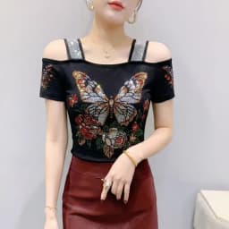 New Designer Hot Diamond Mesh T-Shirt Women Korean Style Sexy Off Shoulder Slim Tee Summer Casual Streetwear Tops