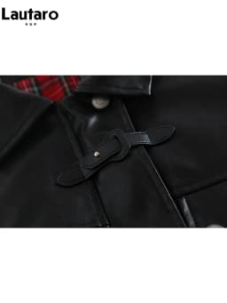 Lautaro-Plaid Patchwork Pu Leather Jacket for Women, Oversized, Soft, Reversible, Long Sleeve, Luxury Designer Clothing, Spring