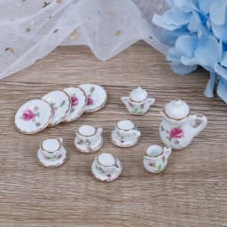 1Set 1:12 Miniature Porcelain Tea Cup Set Chintz Flower Tableware Kitchen