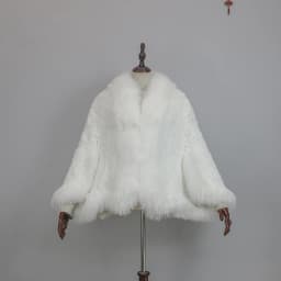 New Extra Long Real Genuine Natural Knitted Rabbit Fur Shawl Coat with Fox Fur Collar Women's Fashion Knit Jacket Cape