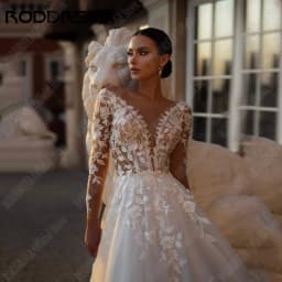 RODDRSYA Customized Luxury Long Sleeves Wedding Dress A Line Applique Lace Scoop Neck Soft Tulle Boho Bridal Gown Sweep Train