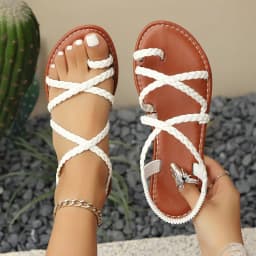New 2026 Women's Flat Bottom Roman Cross Woven Sandals Comfortable Rubber Sole Breathable PU Upper Slingbacks Shoes