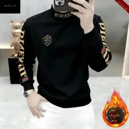 Men's Long Sleeve Fleece Lined Embroidered Slim Fit Casual Business Fashionable Trendy Sweatshirt Gold Luxury Autumn ...