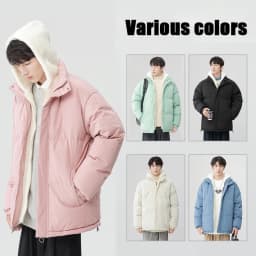 Man Winter Jacket Loose-fit Thickened Warm Cotton Coat Fleece Hood Men Trendy Cotton Padded Jacket Fake Two-piece Pink Couple