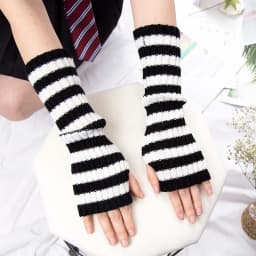 1Pair Knit Fingerless Gloves Women Soft Black White Stripes Warm Knitted Arm Warmers Winter Hand Accessories Stylish Elastic