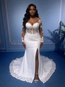 Sexy See Through Back Wedding Dresses for Bride Mermaid Lace Appliques Long Sleeves 2 In 1 Detachable Overskirt Bridal Gown