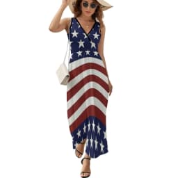 American Flag Dress Patriotic Flag Star Design Boho Beach Long Dresses V Neck Print Maxi Dress Korean Fashion Clothes Oversize