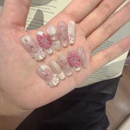 10Pcs Sweet Cute Handmade Press on Nails Flower Butterfly Fake Nails Glossy Diamond False Nails Full Cover Acrylic Nail Tips Art