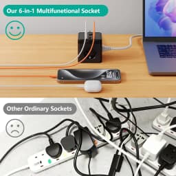 6-in-1 Power Strip Wall Socket Extender with 2M Extension Cable 3 AC 2 USB 1 Type-C Ports PD 20W Fast Charging Max 3680W(16A)