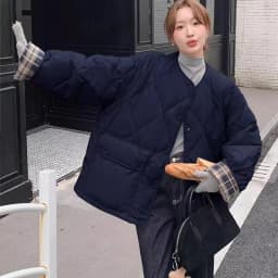 Retro Plaid Patchwork Lightweight Puffer Jacket Autumn Winter Loose Casual Quilted Jacket Female Round Neck Commute Padded Coats