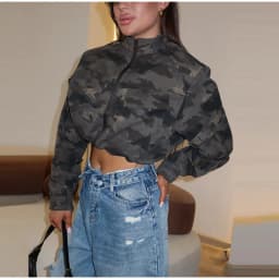 Women Camo Print Hooded Zipper Jacket Elastic Cuff Jacket Cropped Short Length Loose Puffer Winter Warm Winter Street Jackets