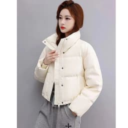 CoffeeMaillard Stand Up Collar New Short 2026 Winter Petite Fashion Bread Warm Thickened PU Leather Down Cotton Jacket For Women