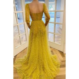 Elegant Square Neck Pearls Open Back Full Sleeves Evening Dress 2026 A-Line Floor Length Tulle Custom Made Party Prom Dress