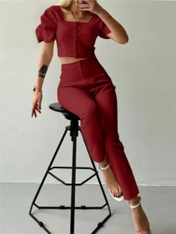 Elegant Women's Office Two Piece Sets Summer Fashion Solid Square Collar Single Breasted Short Sleeve Top & Long Pants Suit