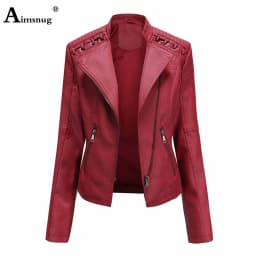Yellow Red Faux Pu Leather Jackets 2025 Spring Autumn Fashion Zip up Top Outerwear Lady Basic Coats Plus Size Female Jackets New