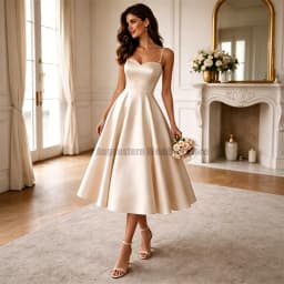 Customized Wedding Dress Midi Beige Satin Bead Spaghetti Strap Wedding Gowns for Women 2026 Bride Tea Length A Line Bridal Gown