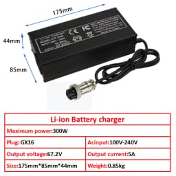 60V Fast Charger 67.2V/5A for 16s 60V Lithium Battery Charger GX16/IEC Connector Strong Heat