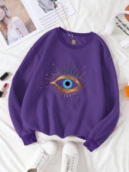 Casual Womens Sweatshirt Vintage Devil's Eye Prints Pullover Soft Breathable Loose Crewneck Hoodie Autumn Winter Female Clothing